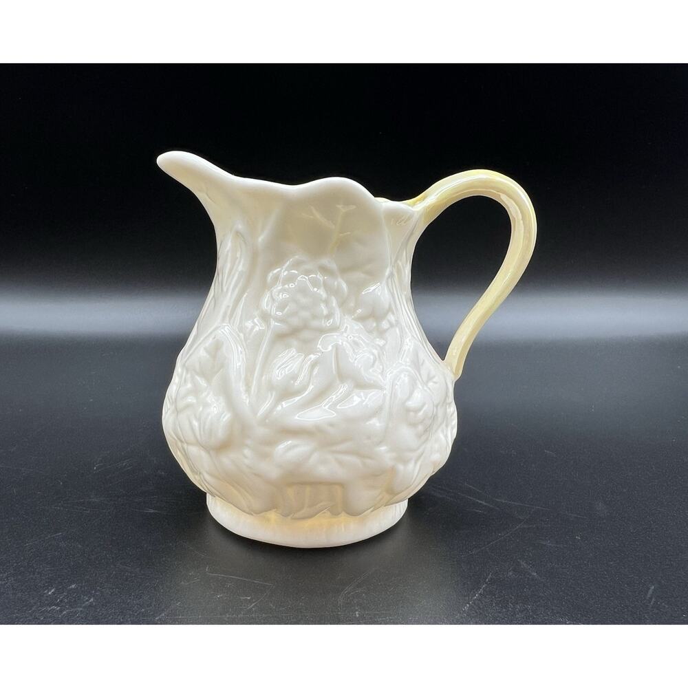 Vintage Belleek 6th Mark 4oz Lotus Creamer Ivory w Yellow Luster 3”